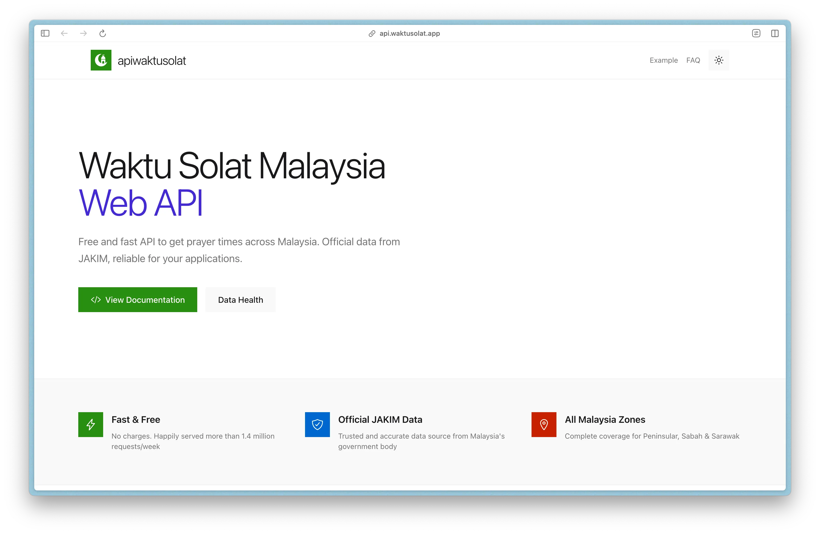 Desktop view of the new homepage design for API Waktu Solat