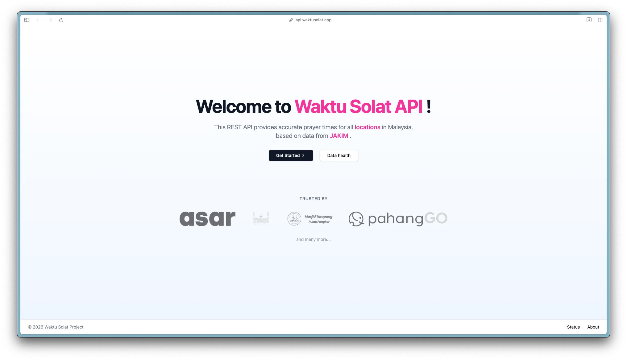 Desktop view of the old homepage design for API Waktu Solat