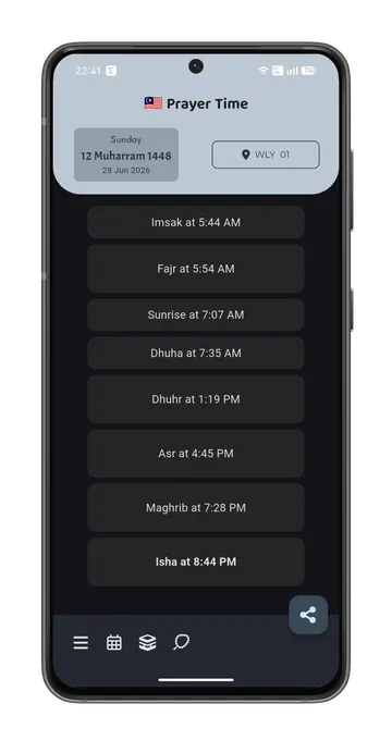 Waktu Solat app showing prayer times