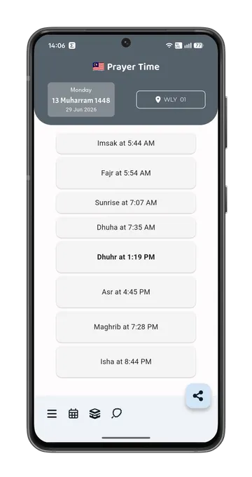 Waktu Solat app showing prayer times